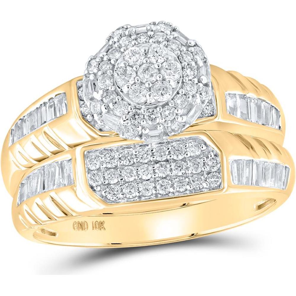 10K Yellow Gold Round Diamond Cluster Matching Wedding Ring Set with Baguette Diamonds - 1.01 Carat Total Diamond Weight