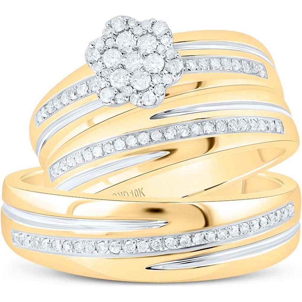 10K Yellow Gold Round Diamond Cluster Matching Wedding Set with 3/8 Carat Total Diamond Weight