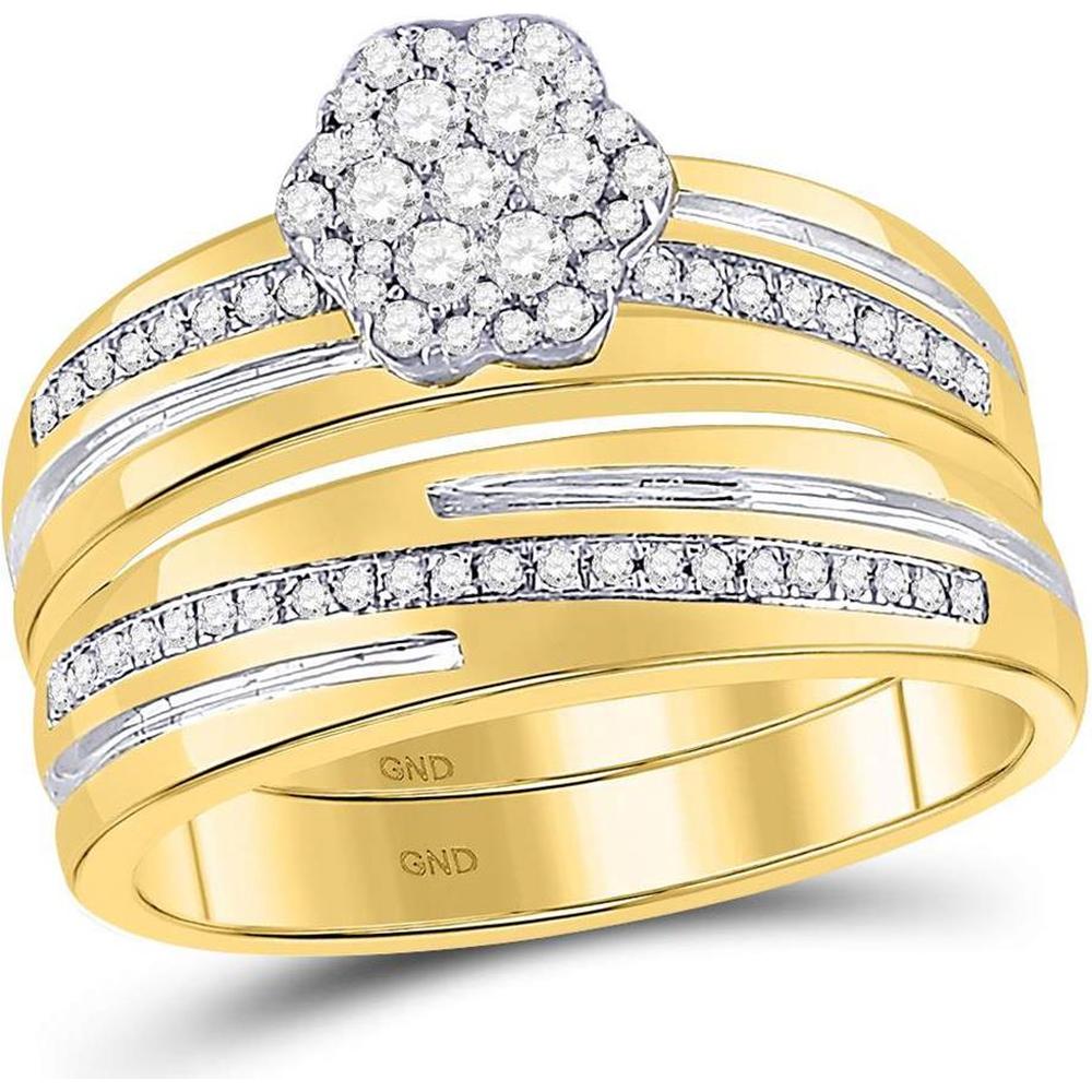 10K Yellow Gold Round Diamond Cluster Matching Wedding Set with 3/8 Carat Total Diamond Weight