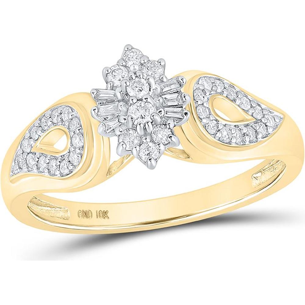 10K Yellow Gold Round Diamond Cluster Ring with Baguette Diamonds - 1/4 Carat Total Diamond Weight