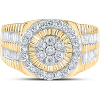 10K Yellow Gold Round Diamond Cluster Ring with Baguette Diamonds - 1.75 Carat Total Diamond Weight