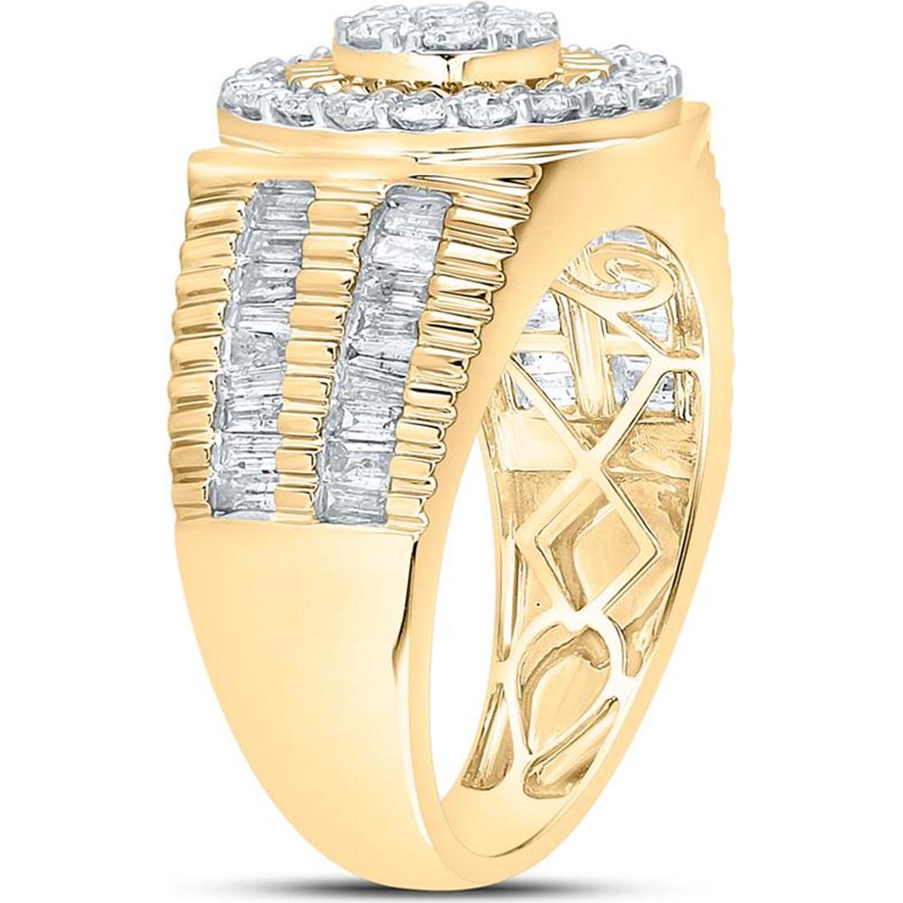 10K Yellow Gold Round Diamond Cluster Ring with Baguette Diamonds - 1.75 Carat Total Diamond Weight