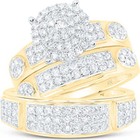 10K Yellow Gold Round Diamond Cluster Wedding Ring Set - 1.38 Carat Total Diamond Weight