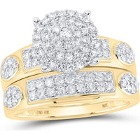 10K Yellow Gold Round Diamond Cluster Wedding Ring Set - 1.38 Carat Total Diamond Weight