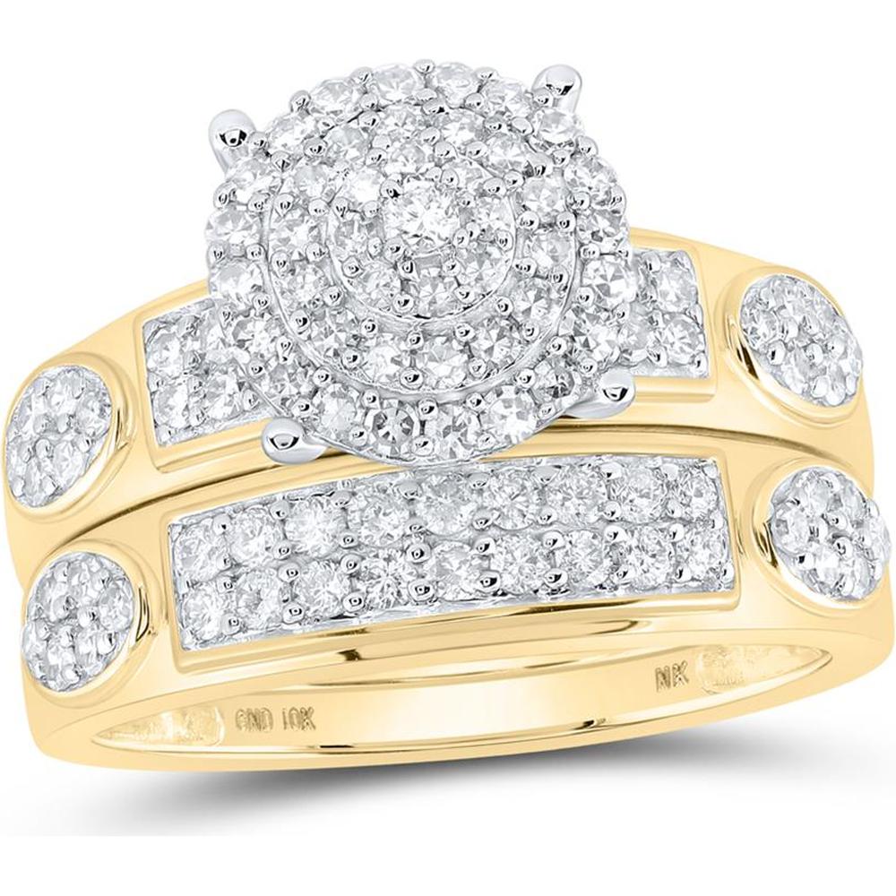 10K Yellow Gold Round Diamond Cluster Wedding Ring Set - 1.38 Carat Total Diamond Weight