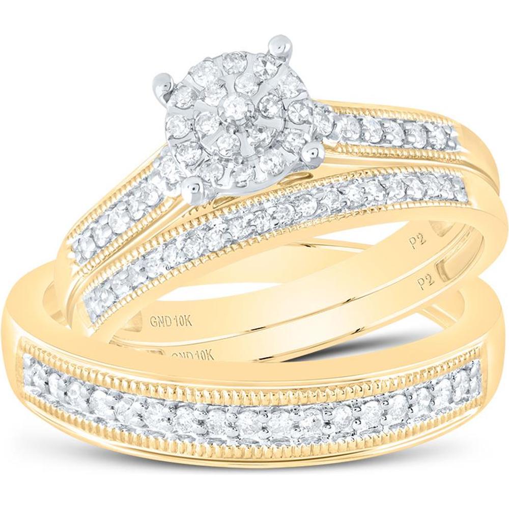 10K Yellow Gold Round Diamond Cluster Wedding Ring Set with Prong Set Diamonds - 0.44 Carat Total Diamond Weight