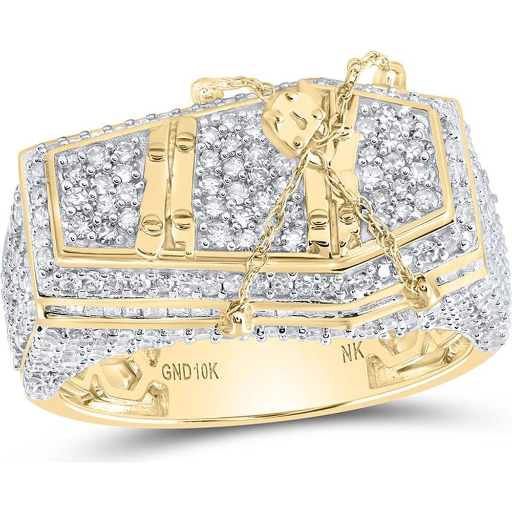 10K Yellow Gold Round Diamond Coffin Band Ring with Baguette Diamonds - 2.33 Carat Total Diamond Weight