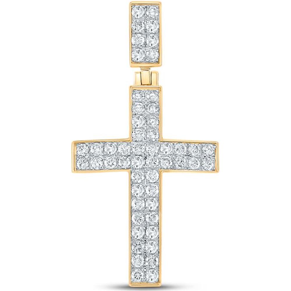 10K Yellow Gold Round Diamond Cross Charm Pendant with 1.07 Carat Total Diamond Weight