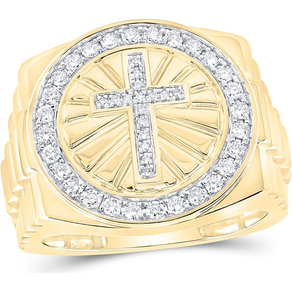 10K Yellow Gold Round Diamond Cross Circle Ring - 1/2 Carat Total Diamond Weight