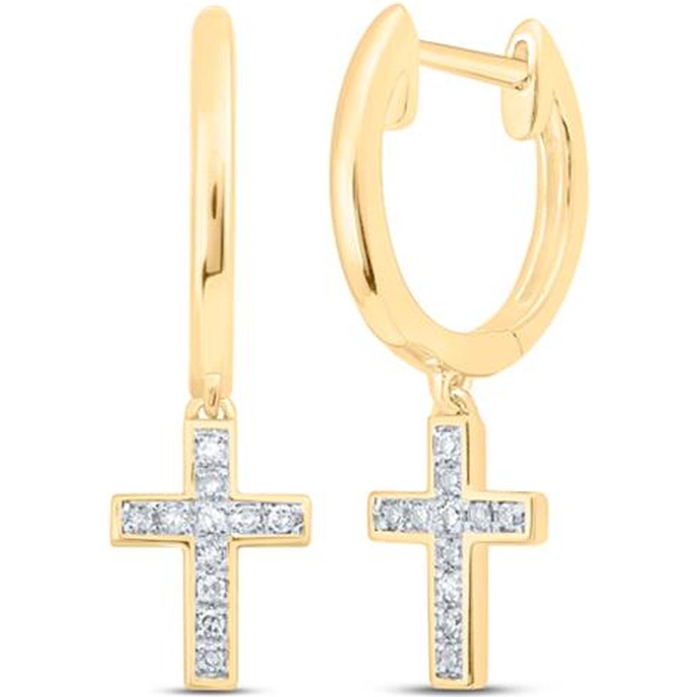 10K Yellow Gold Round Diamond Cross Dangle Earrings - 1/20 Carat Total Diamond Weight