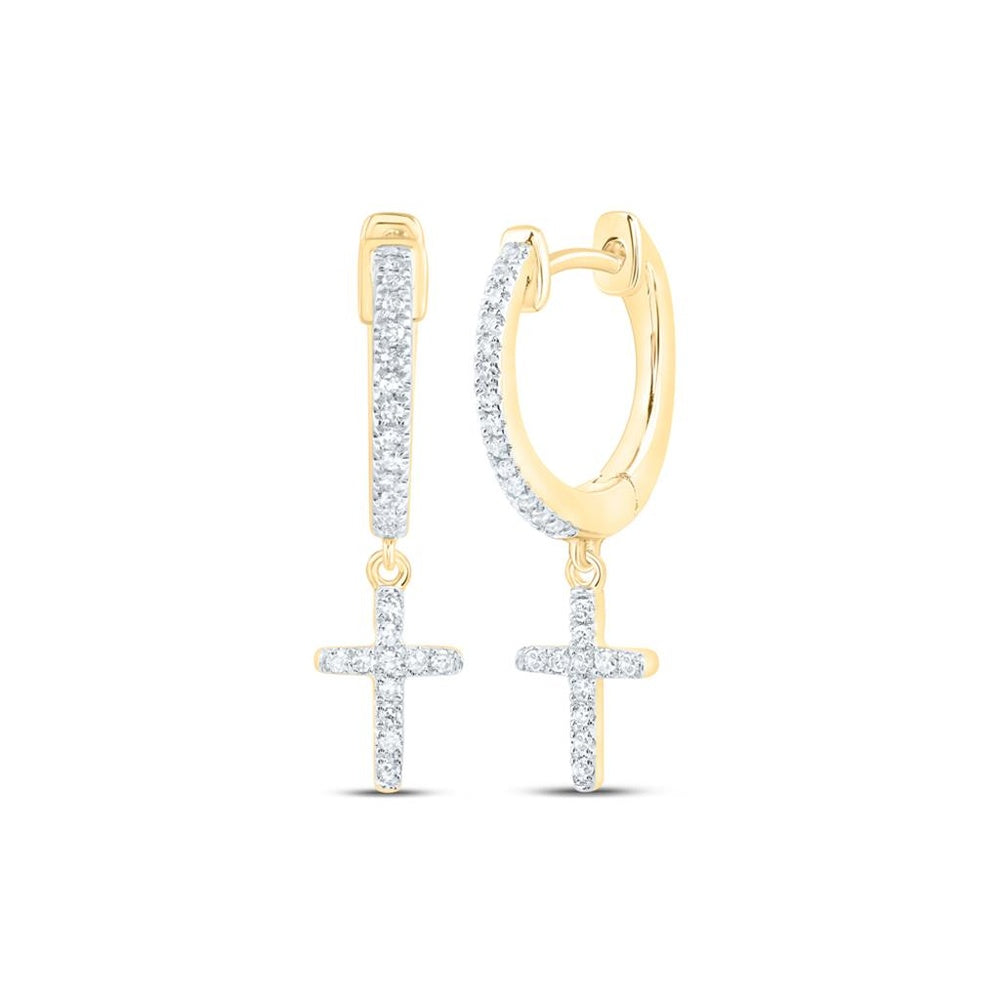 10K Yellow Gold Round Diamond Cross Dangle Earrings - 1/6 Carat Total Diamond Weight
