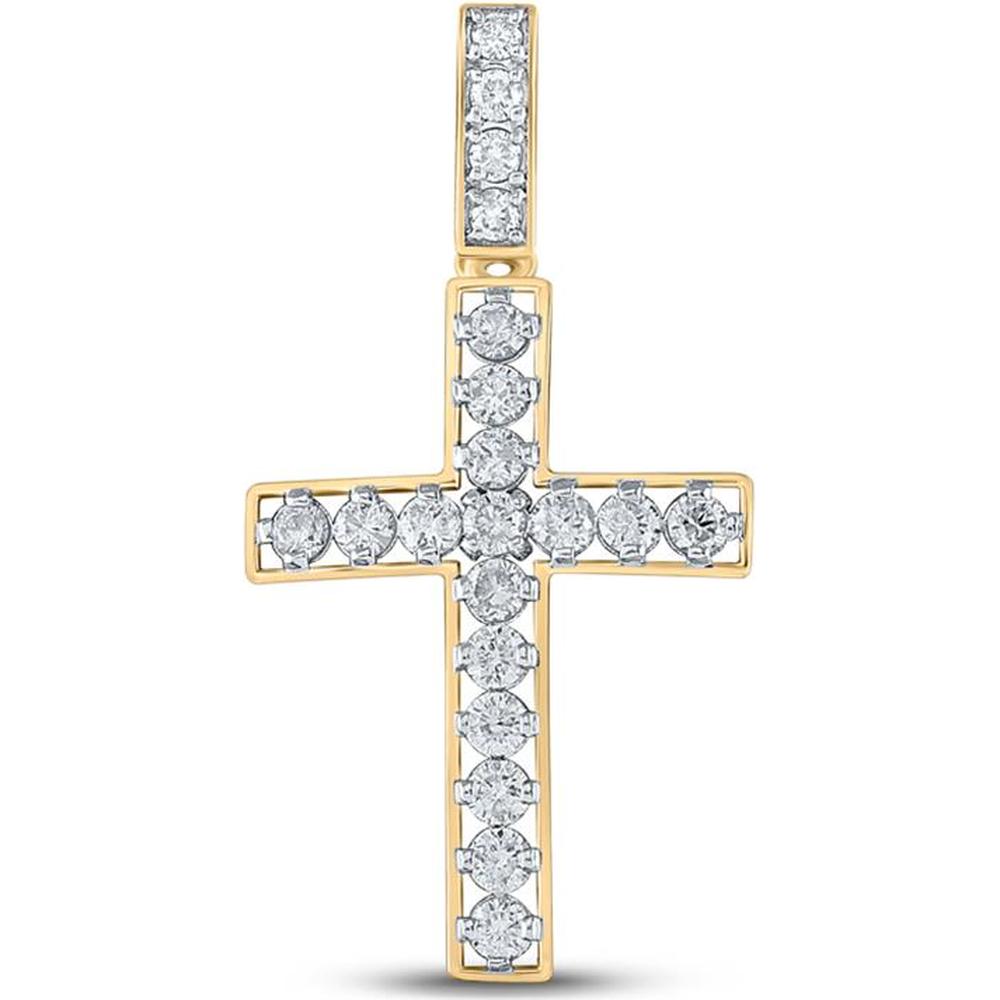 10K Yellow Gold Round Diamond Cross Pendant Charm - 1.00 Carat Total Diamond Weight