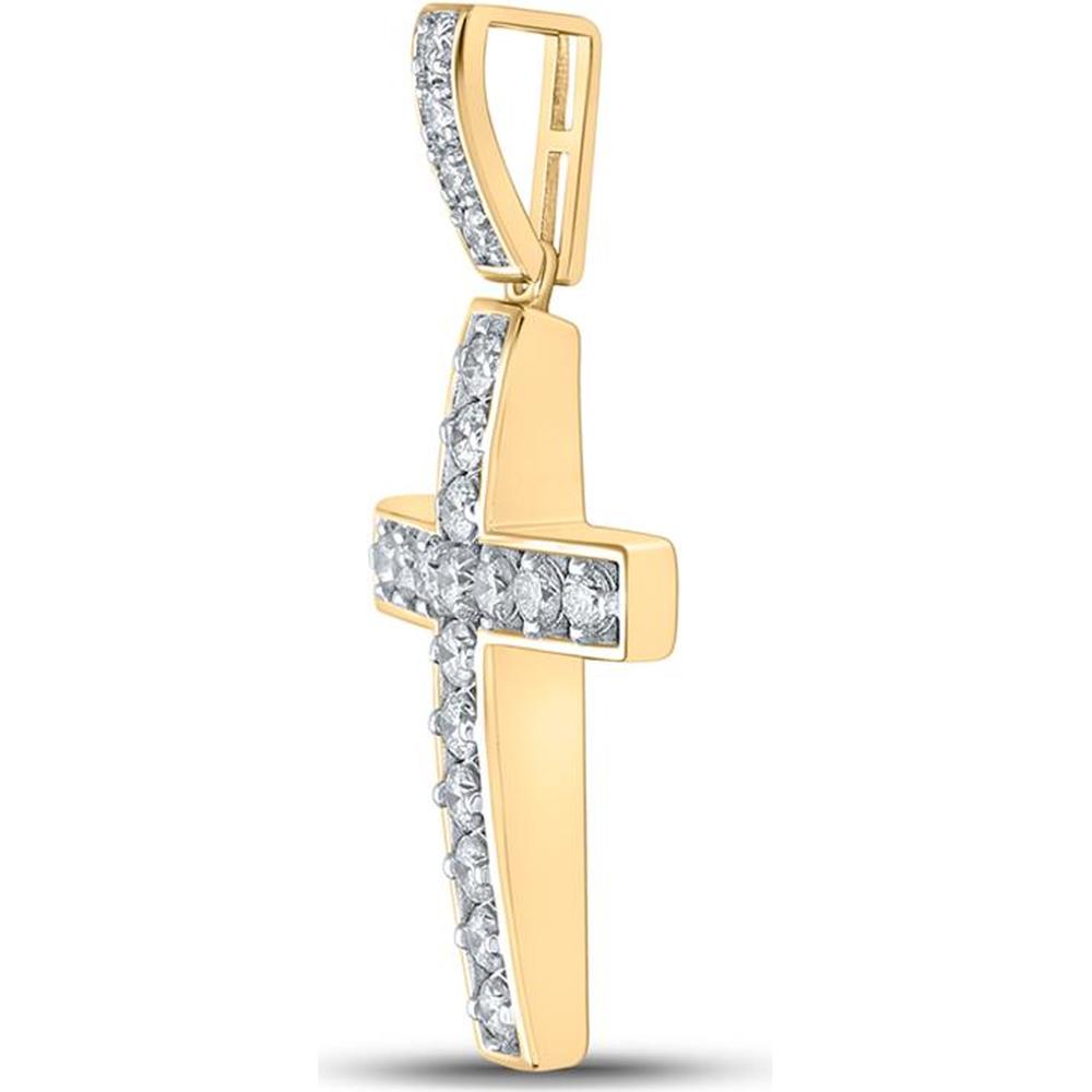 10K Yellow Gold Round Diamond Cross Pendant Charm - 1.00 Carat Total Diamond Weight