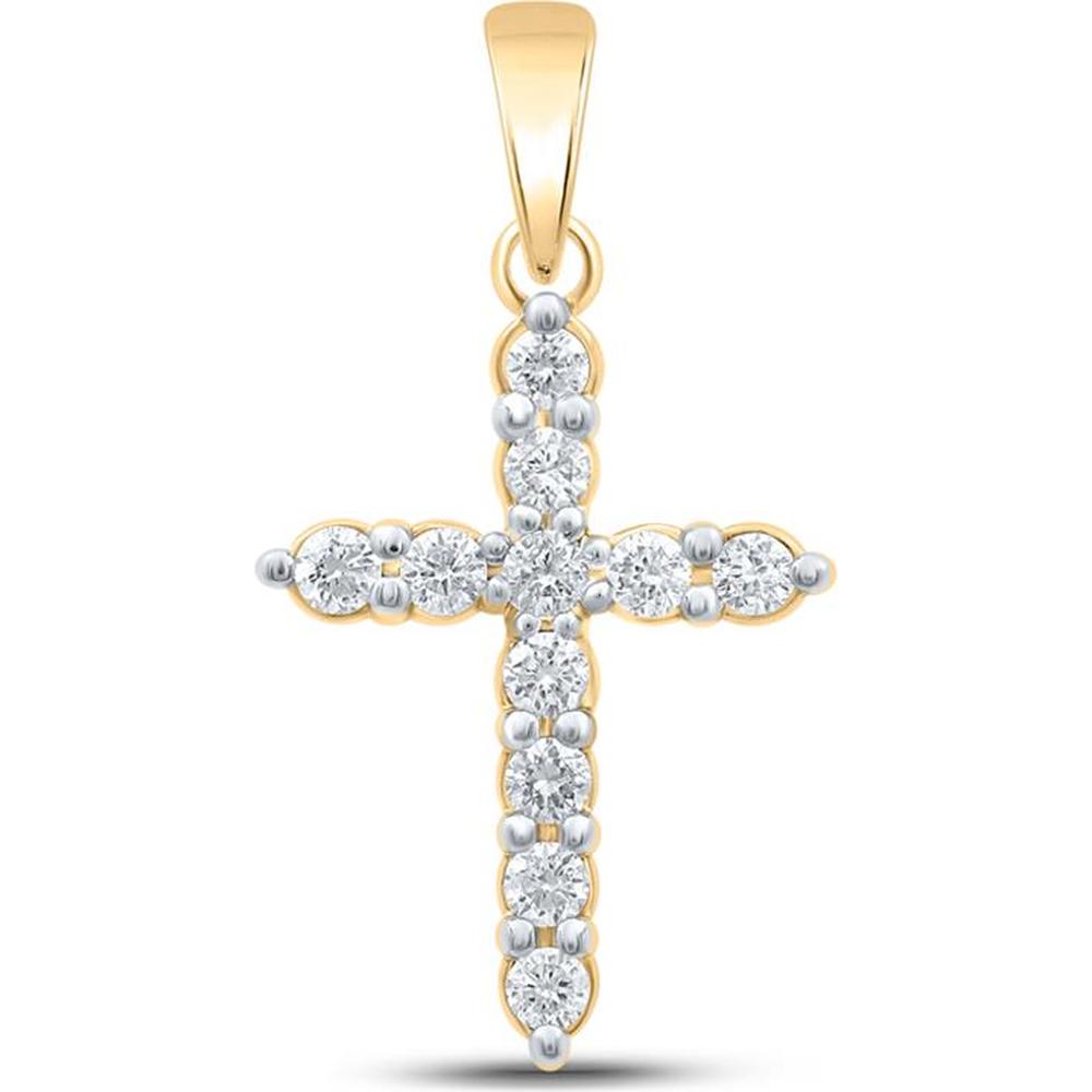 10K Yellow Gold Round Diamond Cross Pendant with Prong-Set Diamonds - 1/4 Carat Total Diamond Weight
