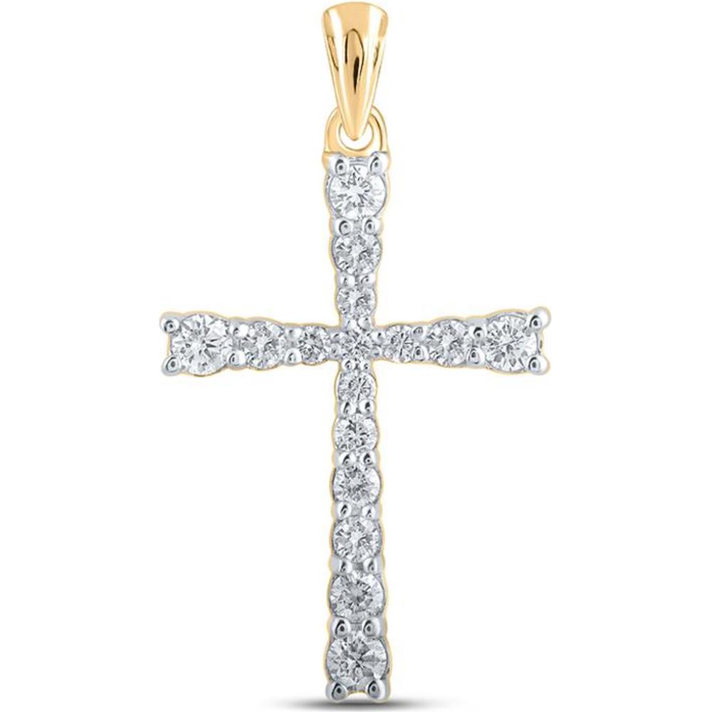 10K Yellow Gold Round Diamond Cross Pendant with Prong-Set Diamonds - 3/8 Carat Total Weight