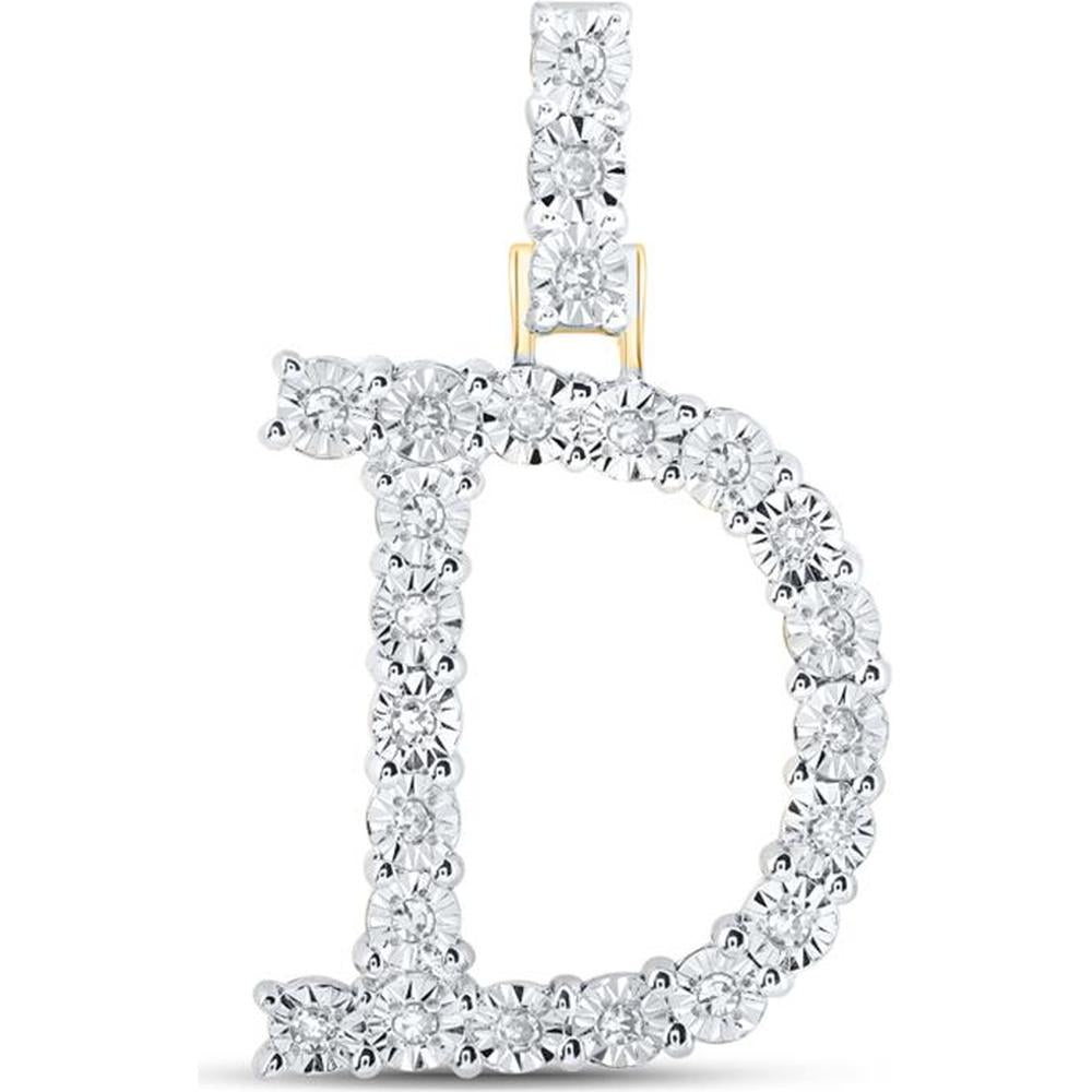 10K Yellow Gold Round Diamond D Initial Letter Pendant with Prong-Set Round Diamonds - 1/8 Carat Total Diamond Weight