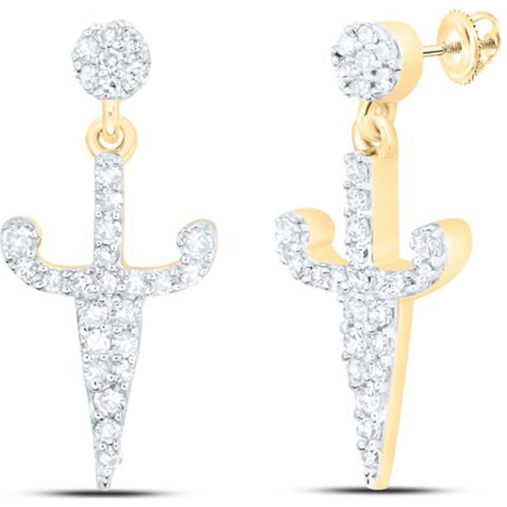 10K Yellow Gold Round Diamond Dagger Dangle Earrings - 1/5 Carat Total Diamond Weight