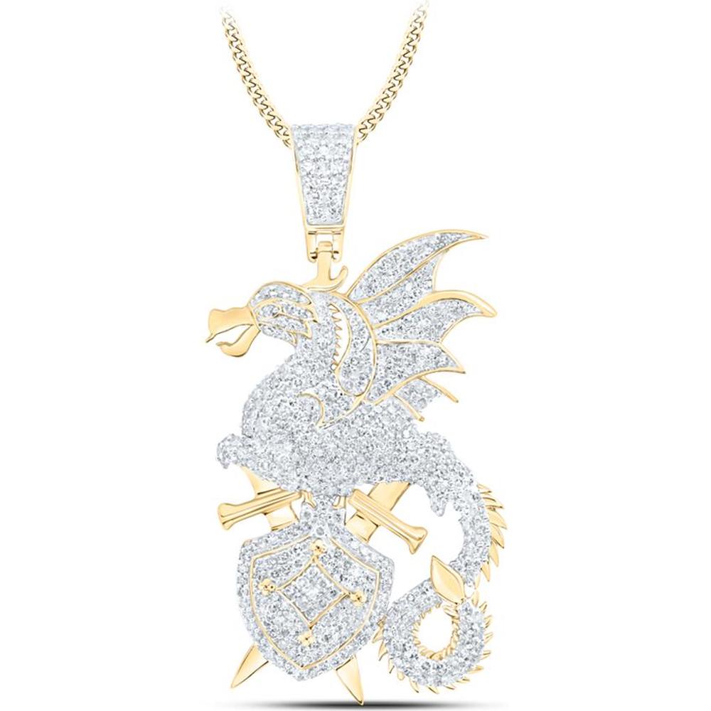 10K Yellow Gold Round Diamond Dragon Sword Shield Pendant - 1.68 Carat Total Diamond Weight