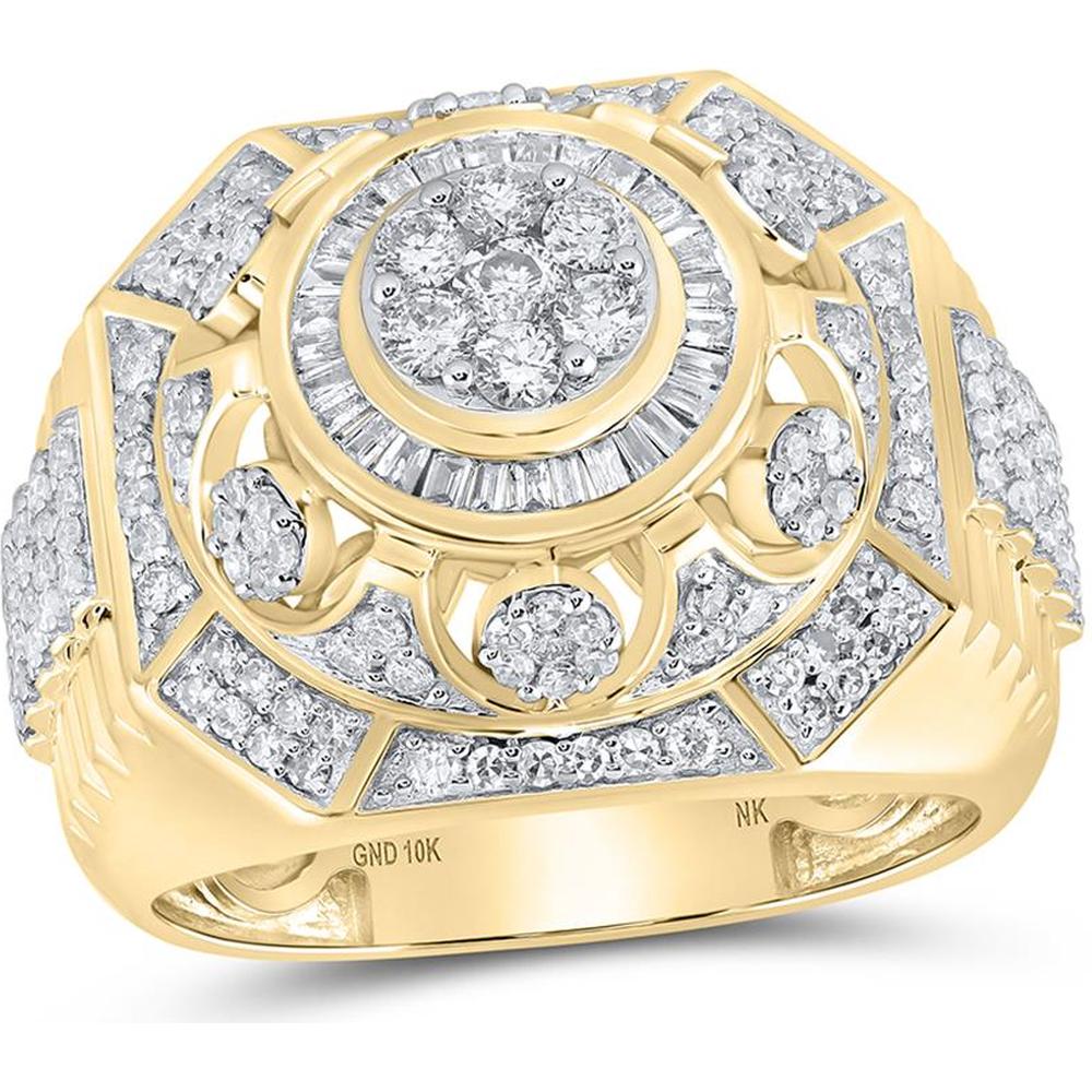 10K Yellow Gold Round Diamond Elevated Cluster Ring with Baguette Accents - 1.48 Carat Total Diamond Weight