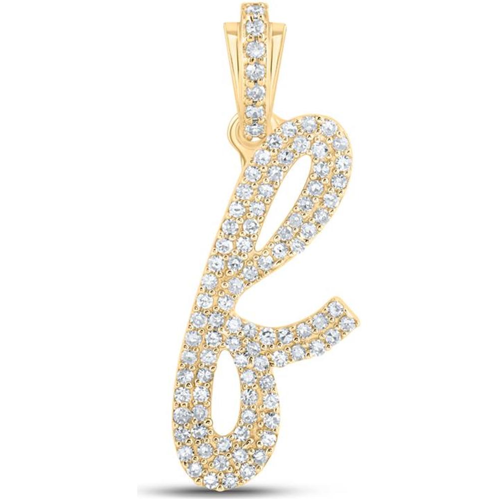 10K Yellow Gold Round Diamond "F" Cursive Initial Letter Pendant - 3/8 Carat Total Diamond Weight