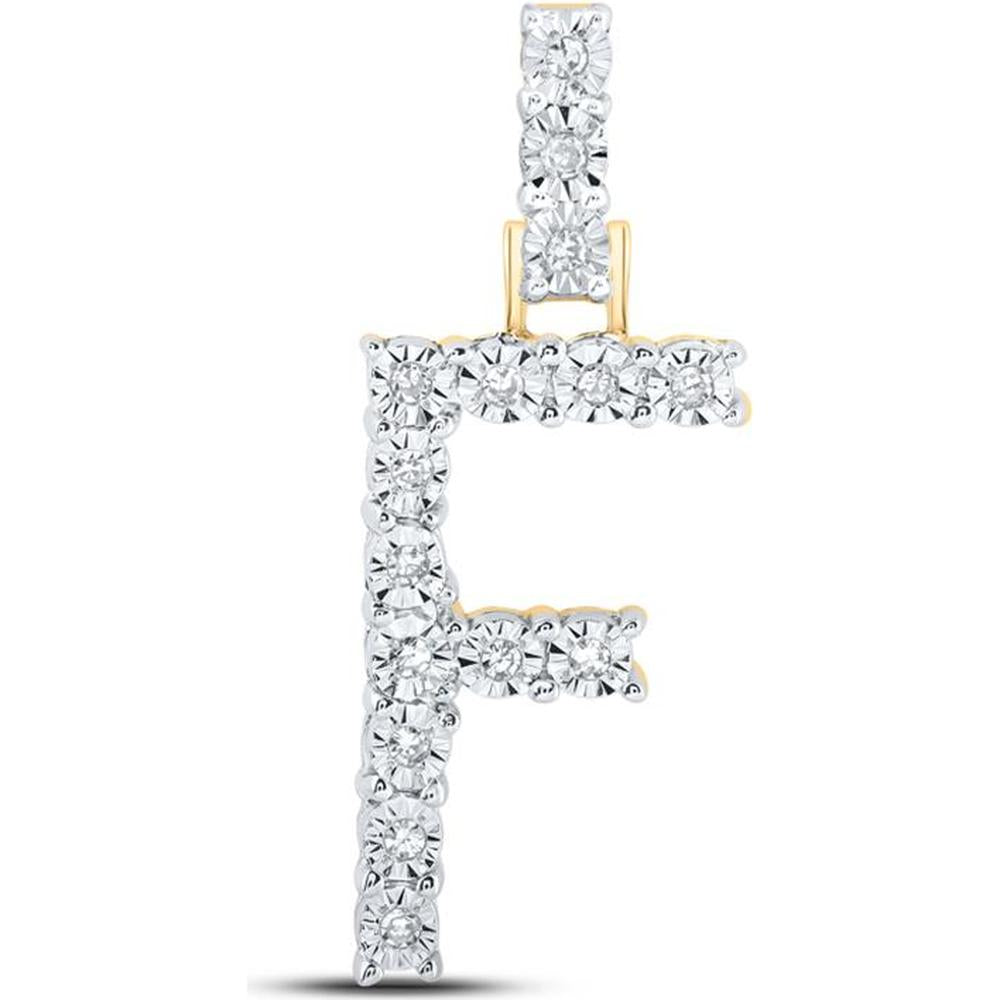 10K Yellow Gold Round Diamond "F" Initial Pendant - 1/12 Carat Total Diamond Weight