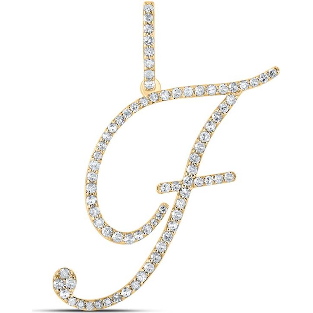 10K Yellow Gold Round Diamond "F" Initial Pendant - 1/2 Carat Total Diamond Weight