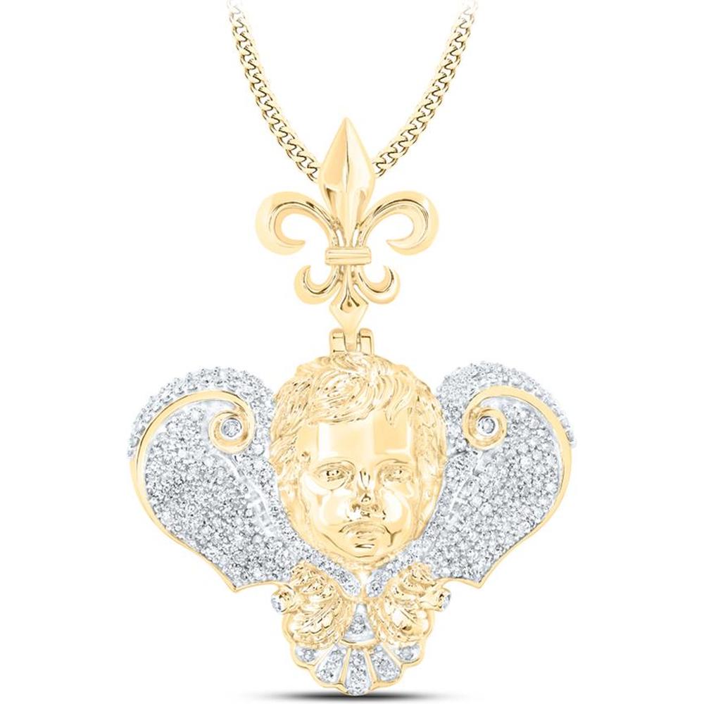 10K Yellow Gold Round Diamond Fleur-De-Lis Face Charm Pendant - 1.33 Carat Total Diamond Weight