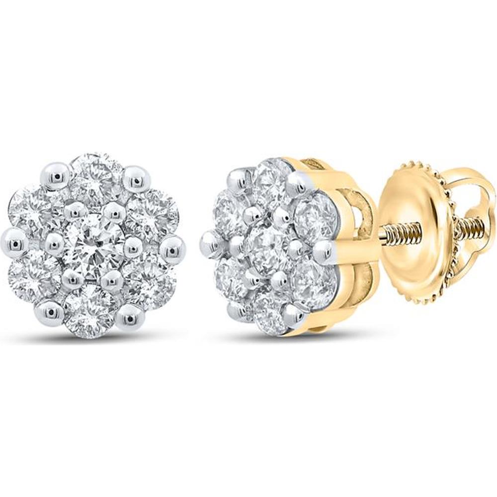 10K Yellow Gold Round Diamond Flower Cluster Earrings - 1/2 Carat Total Diamond Weight