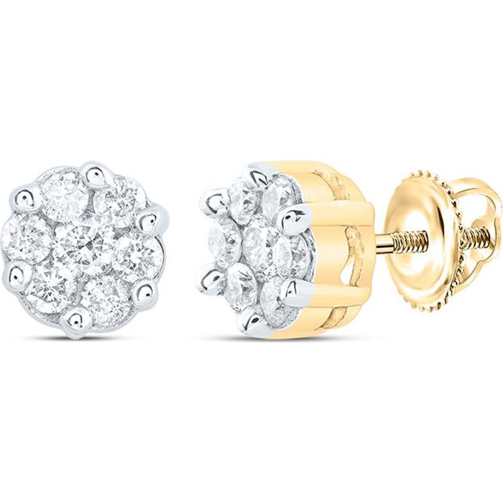10K Yellow Gold Round Diamond Flower Cluster Earrings - 1/4 Carat Total Diamond Weight