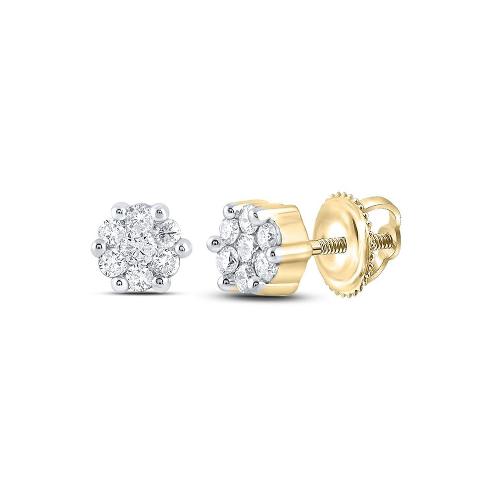 10K Yellow Gold Round Diamond Flower Cluster Earrings - 1/6 Carat Total Diamond Weight