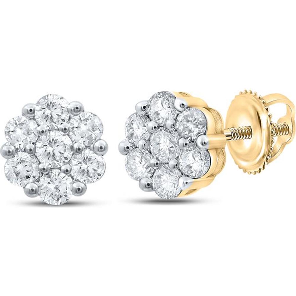 10K Yellow Gold Round Diamond Flower Cluster Earrings - 1 Carat Total Diamond Weight
