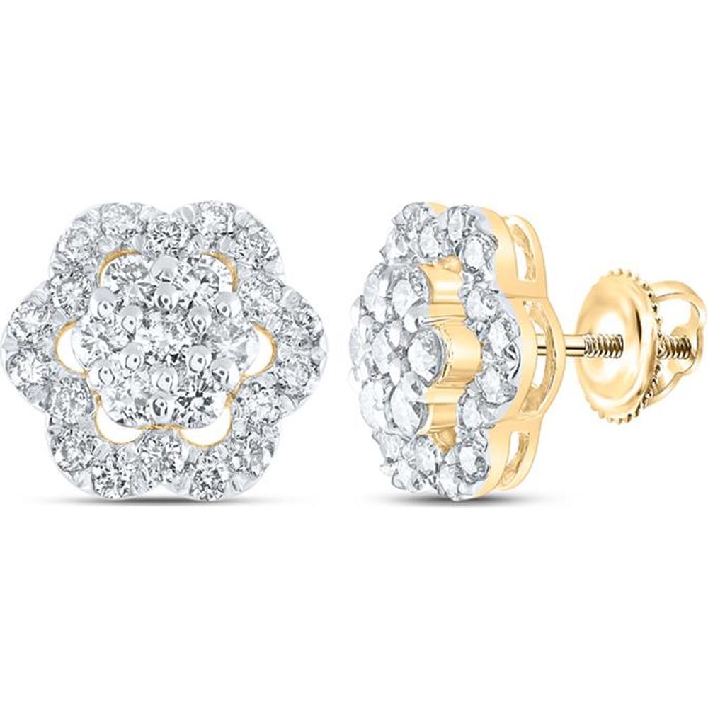 10K Yellow Gold Round Diamond Flower Cluster Earrings - 1 Carat Total Diamond Weight