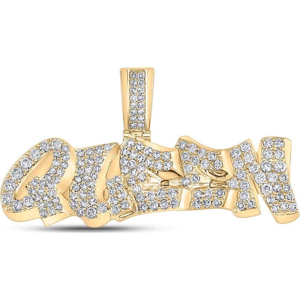 10K Yellow Gold Round Diamond Graffiti "Queen" Charm Pendant - 1.2 Carat Total Diamond Weight