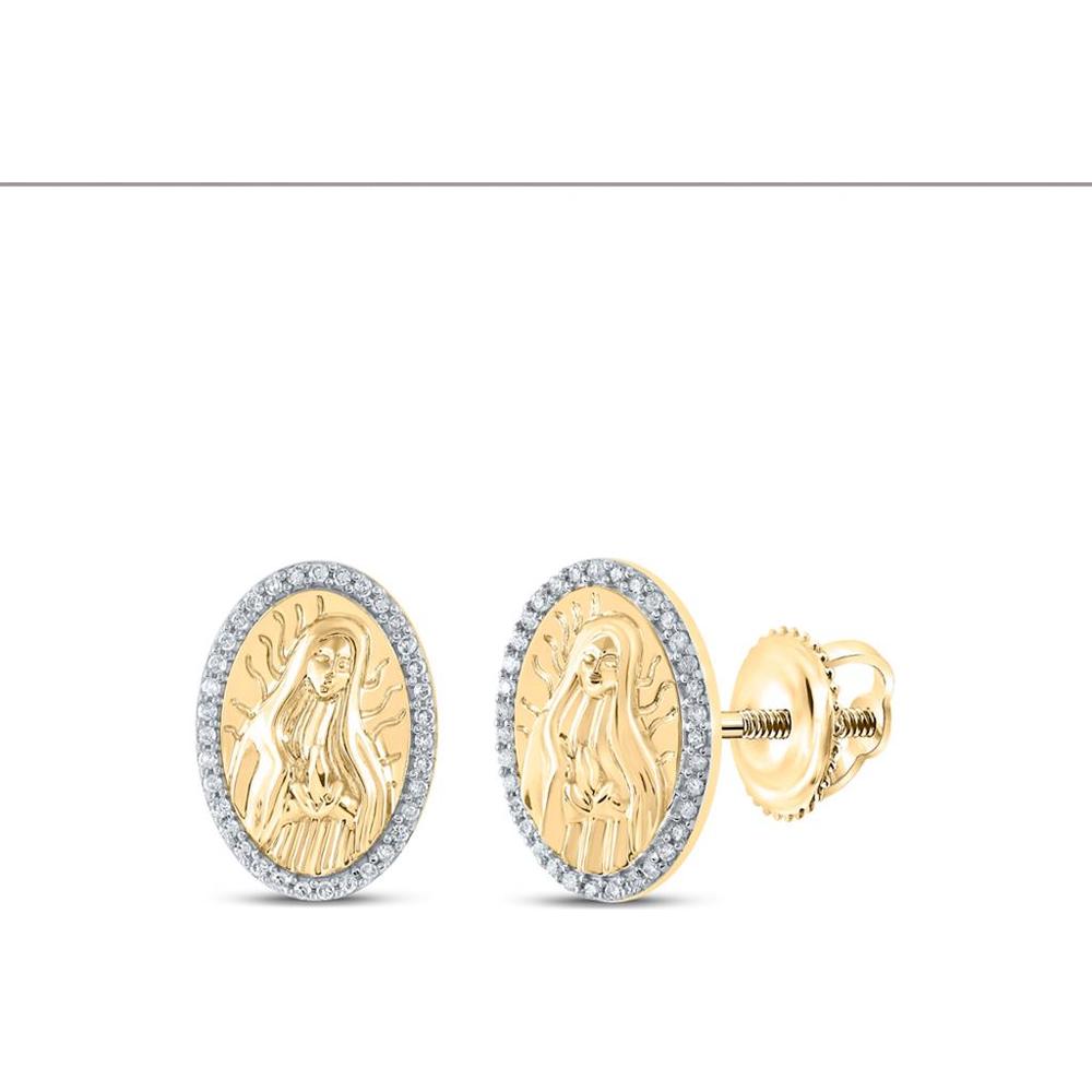 10K Yellow Gold Round Diamond Guadalupe Mary Oval Earrings with Diamond Halo - 1/5 Carat Total Diamond Weight