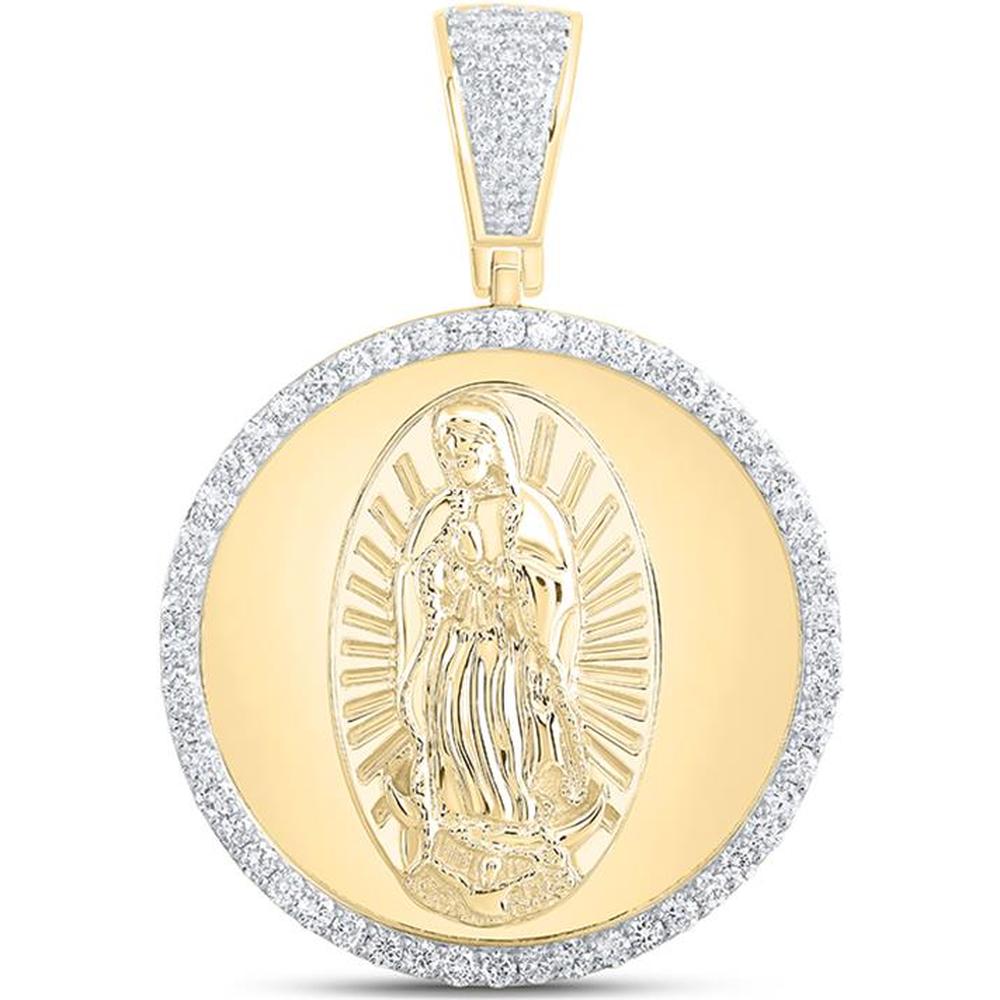 10K Yellow Gold Round Diamond Guadalupe Mary Pendant with Prong-Set Diamonds - 1.05 Carat Total Diamond Weight