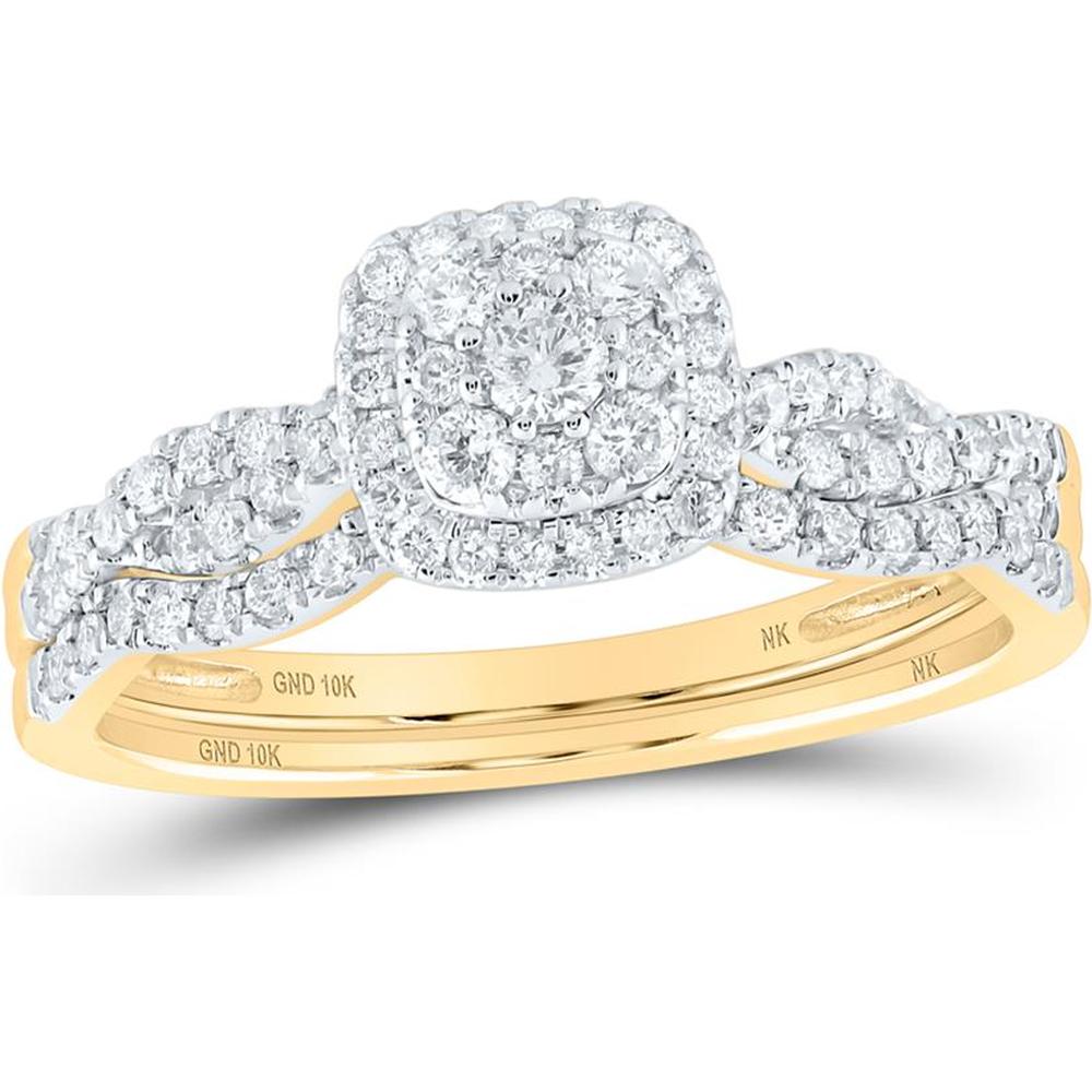 10K Yellow Gold Round Diamond Halo Bridal Wedding Ring Set - 1/2 Carat Total Diamond Weight