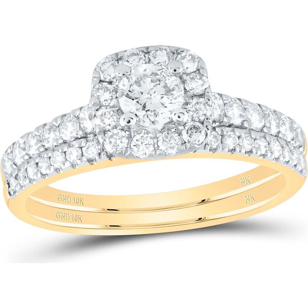 10K Yellow Gold Round Diamond Halo Bridal Wedding Ring Set with 1 Carat Total Diamond Weight
