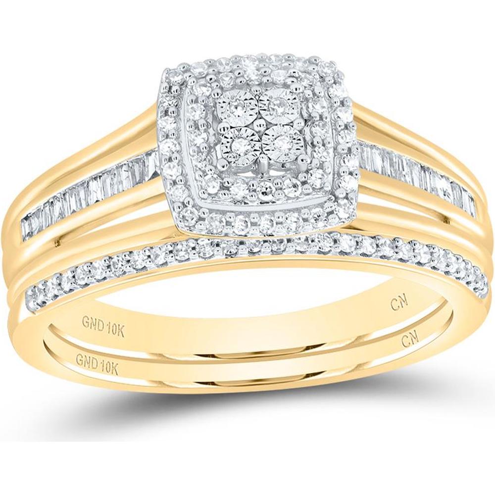 10K Yellow Gold Round Diamond Halo Bridal Wedding Ring Set with Baguette Diamonds - 1/4 Carat Total Diamond Weight