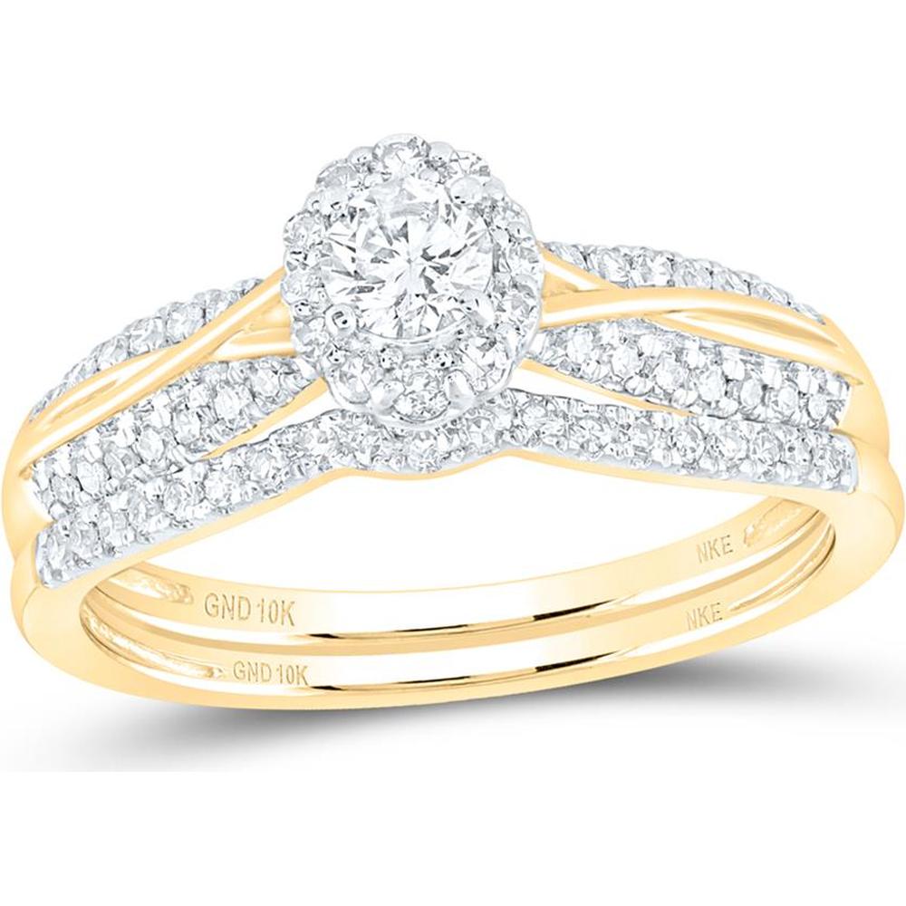 10K Yellow Gold Round Diamond Halo Bridal Wedding Ring Set with Blue Sapphire - 1/2 Carat Total Diamond Weight
