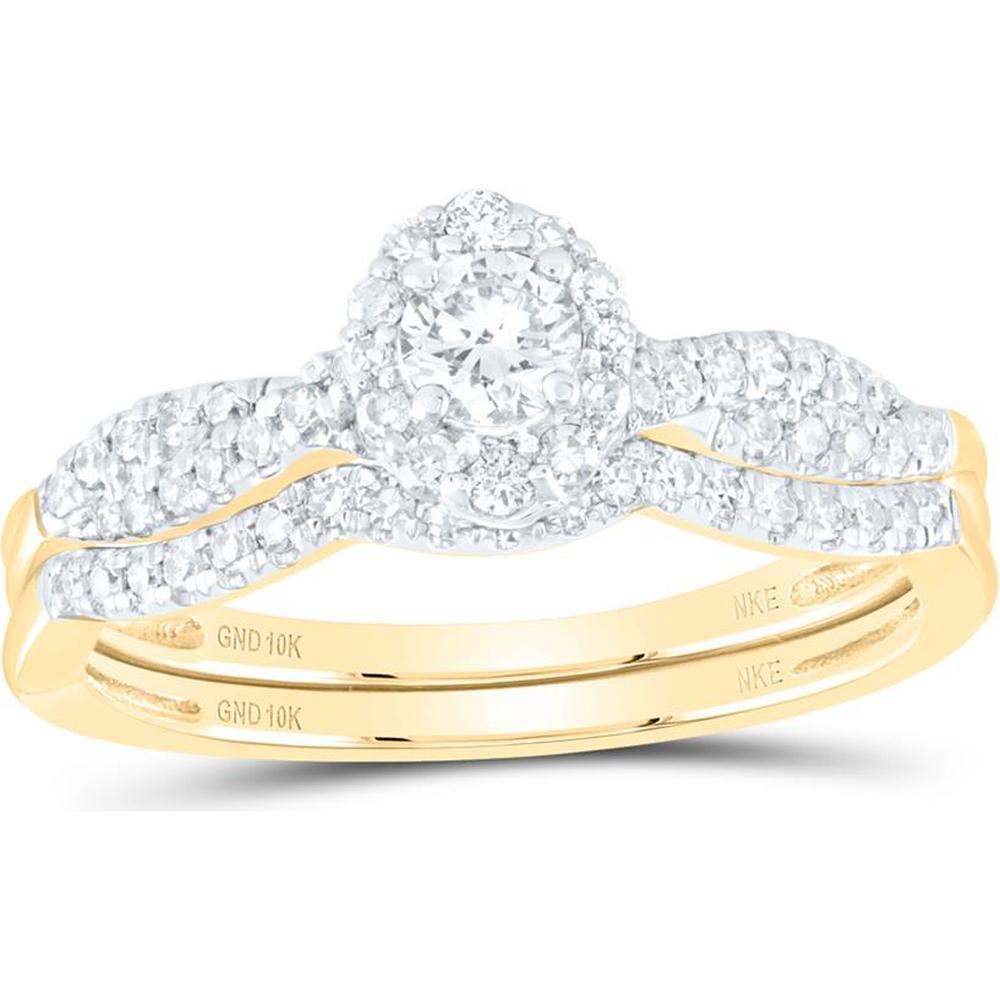 10K Yellow Gold Round Diamond Halo Bridal Wedding Ring Set with Natural Blue Sapphire - 1/2 Carat Total Diamond Weight