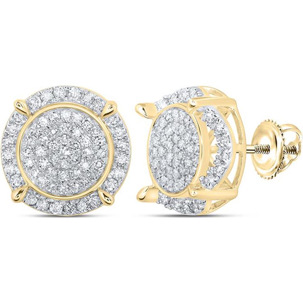 10K Yellow Gold Round Diamond Halo Cluster Stud Earrings with Screw Backs - 1.00 Carat Total Diamond Weight