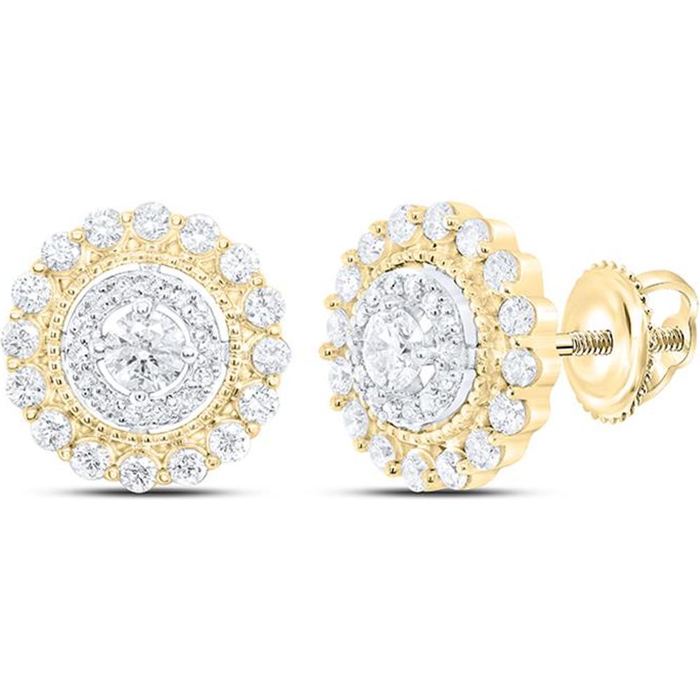 10K Yellow Gold Round Diamond Halo Earrings - 1 Carat Total Diamond Weight