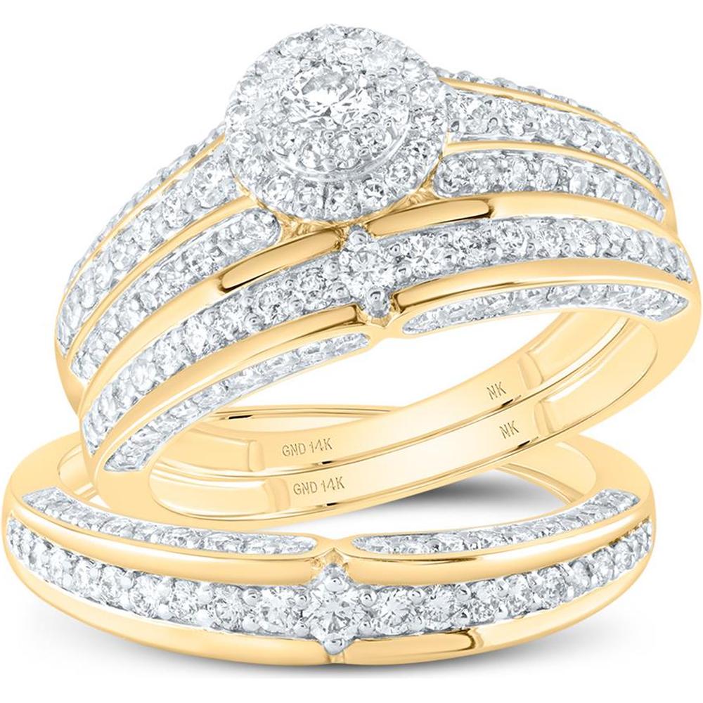 10K Yellow Gold Round Diamond Halo Matching Wedding Ring Set - 1.75 Carat Total Diamond Weight