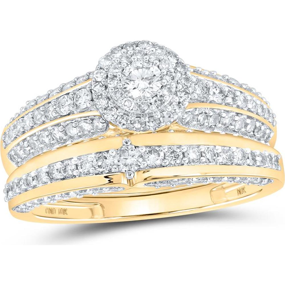 10K Yellow Gold Round Diamond Halo Matching Wedding Ring Set - 1.75 Carat Total Diamond Weight