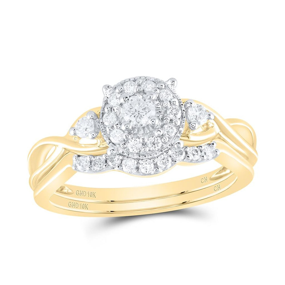 10K Yellow Gold Round Diamond Halo Twist Bridal Wedding Ring Set - 1/3 Carat Total Diamond Weight