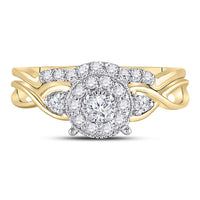 10K Yellow Gold Round Diamond Halo Twist Bridal Wedding Ring Set - 1/3 Carat Total Diamond Weight