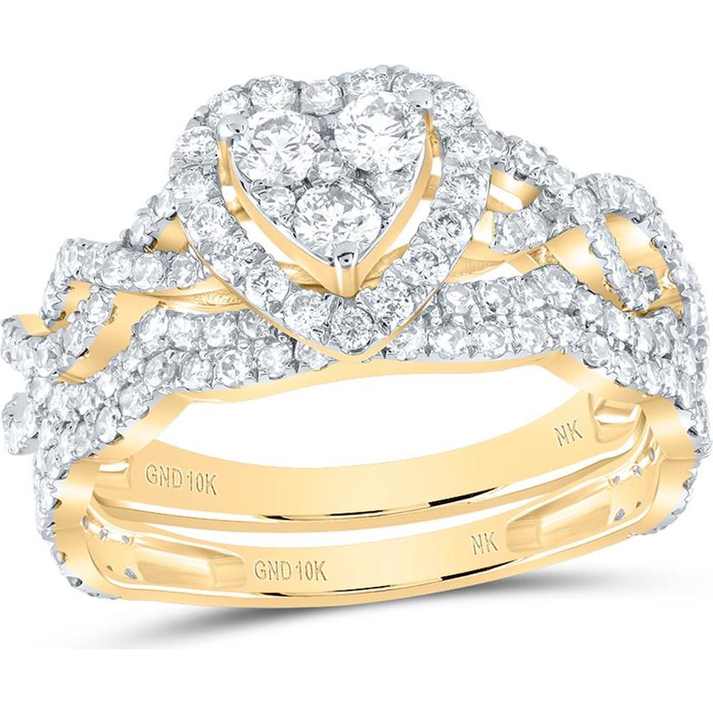 10K Yellow Gold Round Diamond Heart Bridal Wedding Ring Set - 1.24 Carat Total Diamond Weight