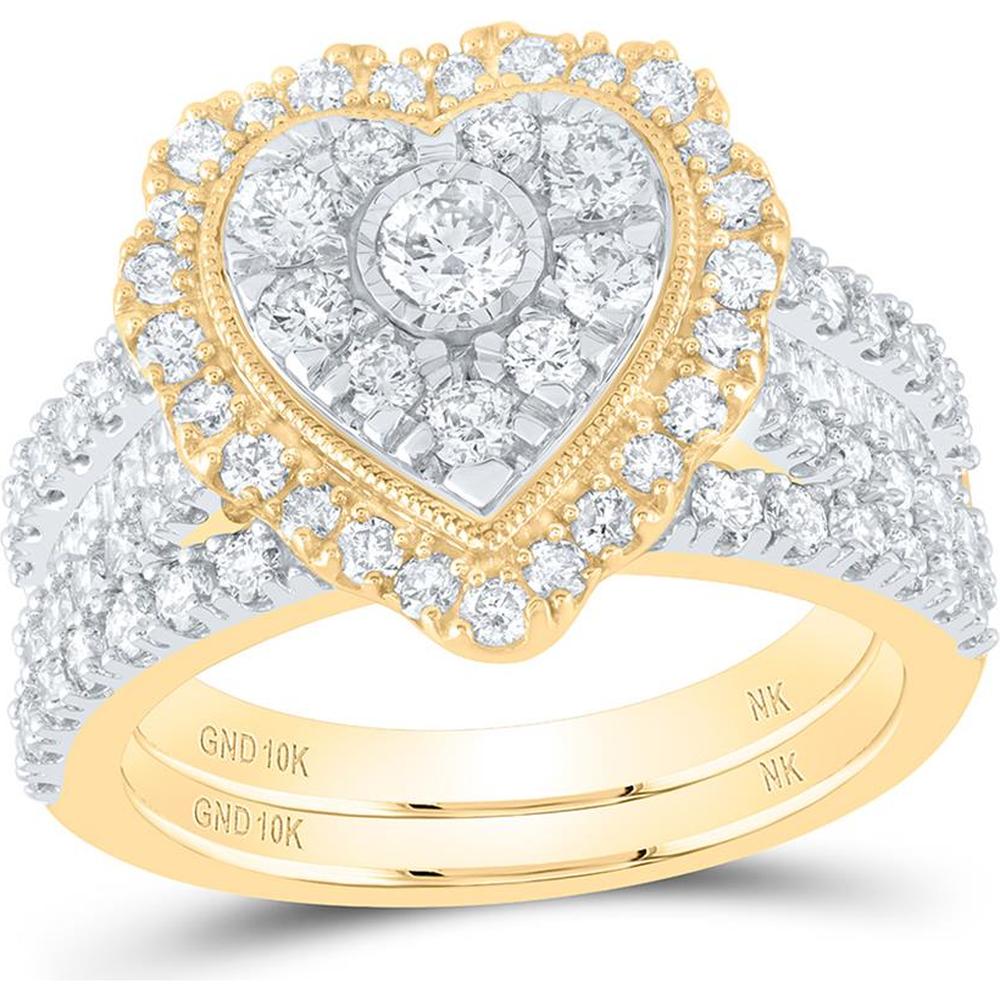 10K Yellow Gold Round Diamond Heart Bridal Wedding Ring Set - 2.00 Carat Total Diamond Weight