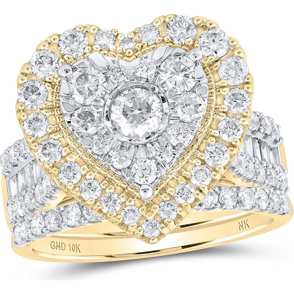 10K Yellow Gold Round Diamond Heart Bridal Wedding Ring Set with Round and Baguette Diamonds - 2.0 Carat Total Diamond Weight