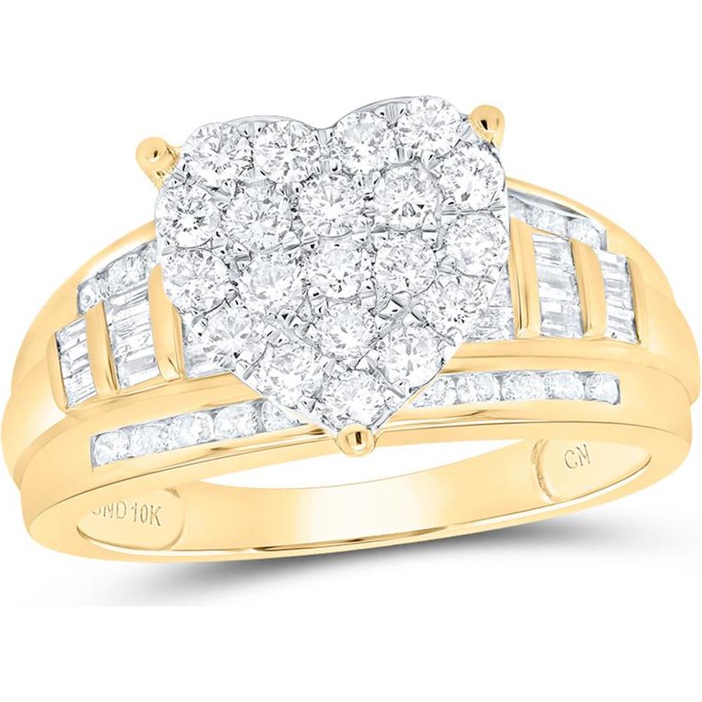 10K Yellow Gold Round Diamond Heart Cluster Bridal Engagement Ring with Pave and Baguette Diamonds - 1 Carat Total Diamond Weight